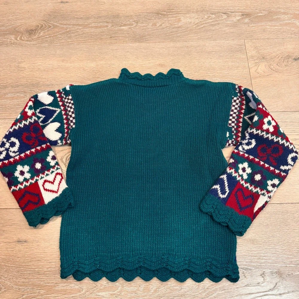 Vintage GRAND‎ Sweater Hearts Flowers Bows Teal Acrylic 5/6 Girls 1990's